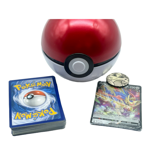 La boîte PokeBall comprend 50 cartes Pokémon, 1 carte ultra rare et une pièce de monnaie