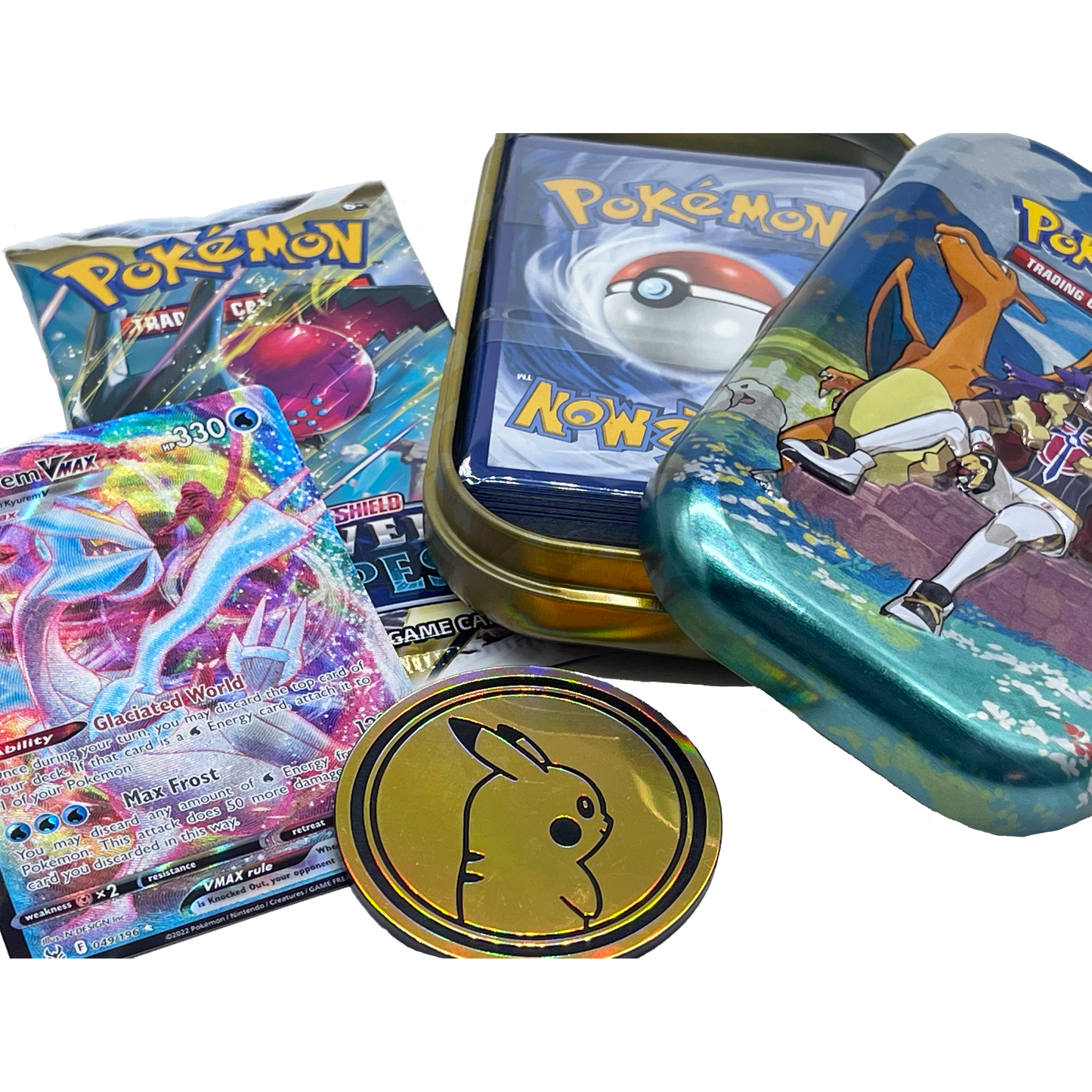 Pokémon Mini Tin Bundle - 50 Assorted Pokémon Cards, x1 Sealed Booster Pack, x1 Ultra Rare Card & Game Coin