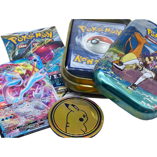 Pokémon Mini Tin Bundle – 50 cartes Pokémon assorties, x1 booster scellé, x1 carte ultra rare et pièce de jeu